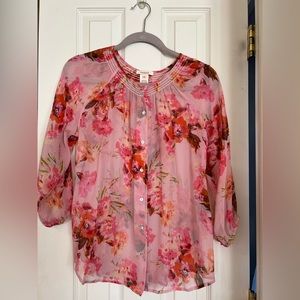 Sundance Catalog Silk Sheer Floral Print Smocked Top XS